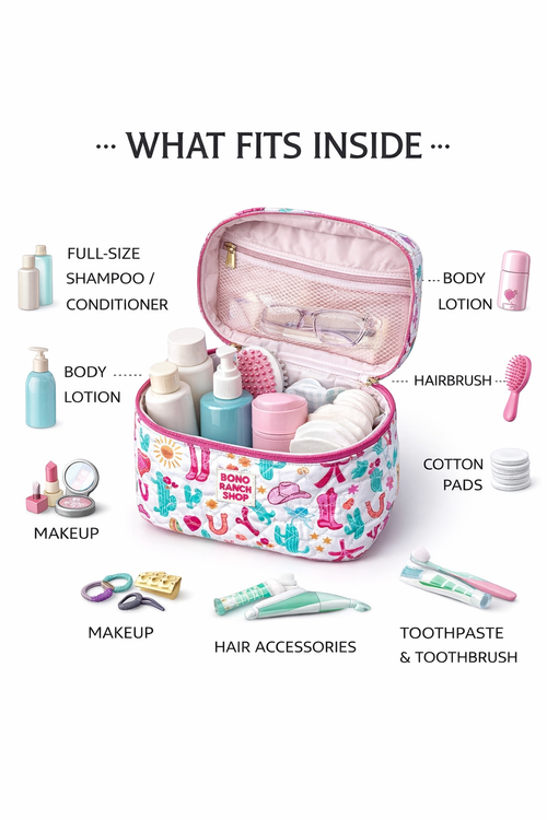 Travel toiletry bag with labeled compartments and items on a white background