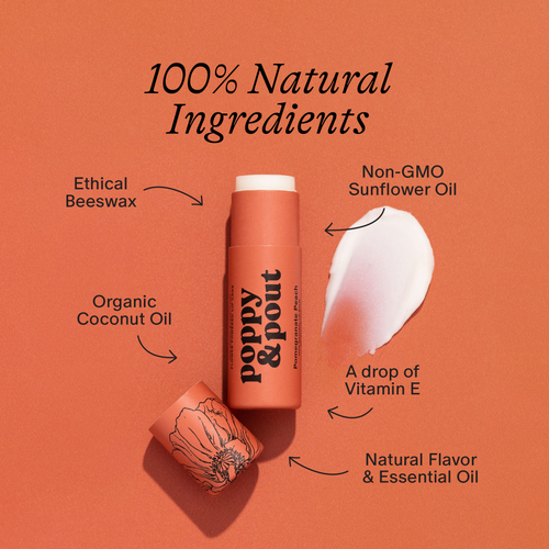 Lip balm with ingredients listed on an orange background