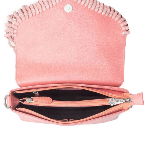 Pink handbag with a zipper on a white background