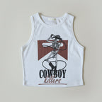 White tank top with skeleton design and 'Cowboy Killers' text on a beige background