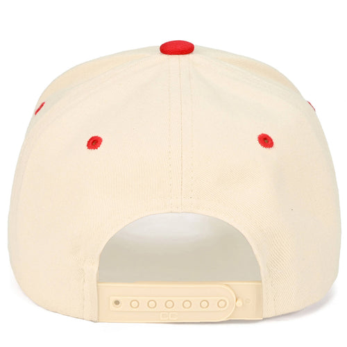 Beige cap with red buttons on a white background