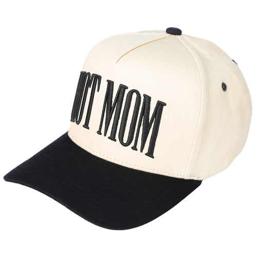 Beige and black cap with 'HOT MOM' text on a white background