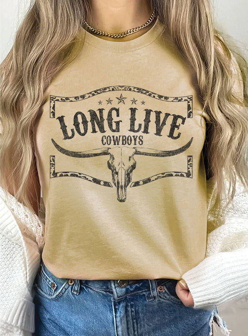 Beige sweatshirt with 'Long Live Cowboys' graphic worn by a person.