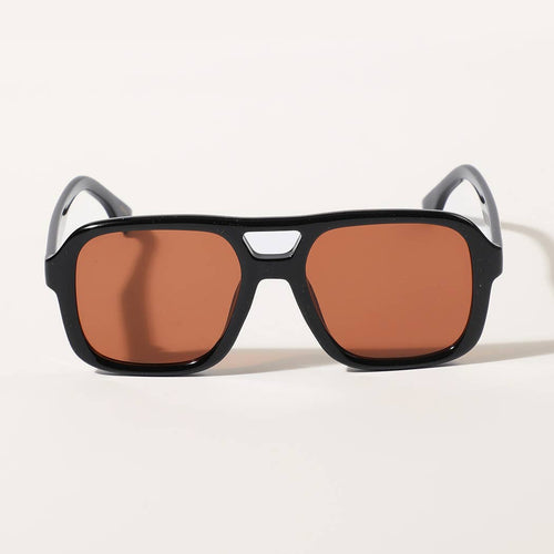 Sunglasses with black frame and brown lenses on a white background