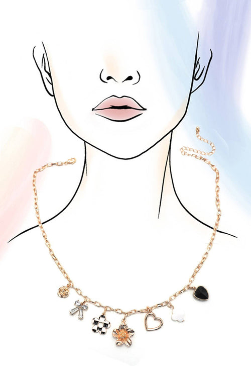 Necklace with various charms on a stylized face illustration
