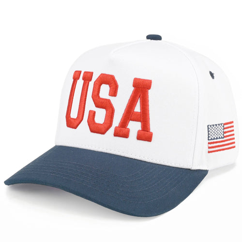 White cap with red 'USA' text and American flag on a white background