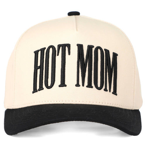 Beige cap with 'HOT MOM' text on a white background