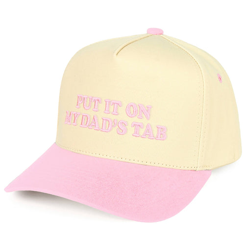 Yellow and pink cap with text on a white background