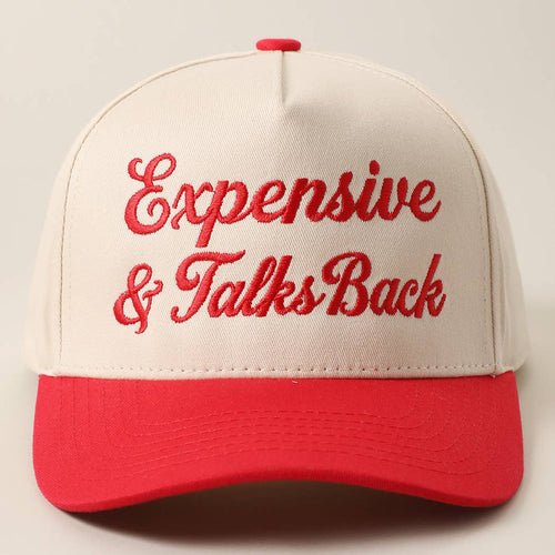 Cap with 'Expensive & Talks Back' text in red on a beige and red background
