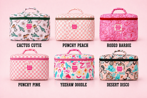 Set of colorful bags with various patterns and names on a pink background