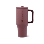 A matte dusty rose travel tumbler with a matching lid and integrated handle, featuring the HydroJug logo printed vertically on the front, set against a plain white background.