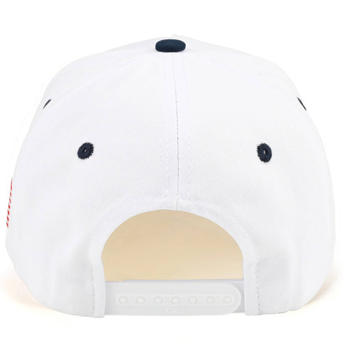 White cap with black accents on a white background