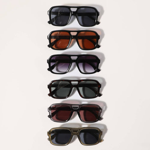 Set of six pairs of sunglasses with different lens colors arranged vertically on a white background.