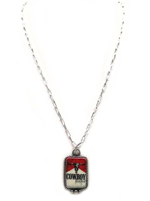 Necklace with a pendant featuring a cowboy design on a white background