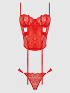 Red lace lingerie set on a light gray background