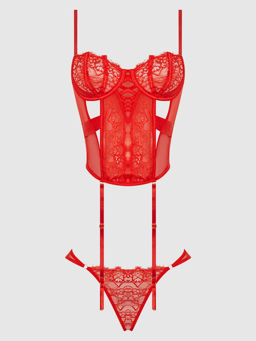 Red lace lingerie set on a light gray background