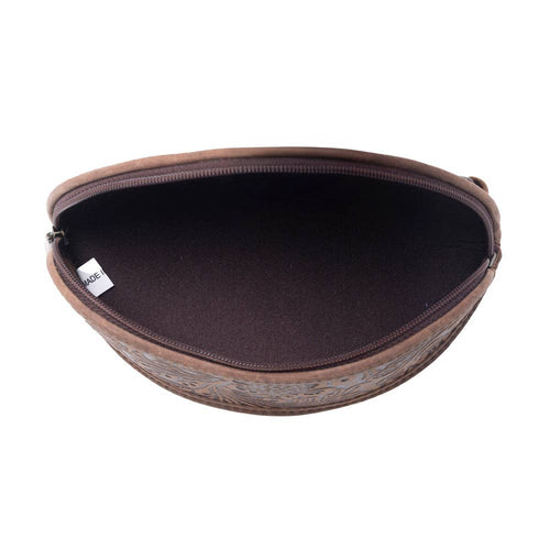 Round brown case with a visible brand label on a white background
