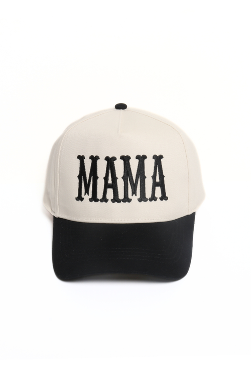 A two-tone baseball cap with an off-white crown and a black curved brim, featuring the word 'MAMA' embroidered in black across the front.