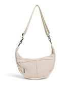Beige shoulder bag with a visible brand logo on a white background
