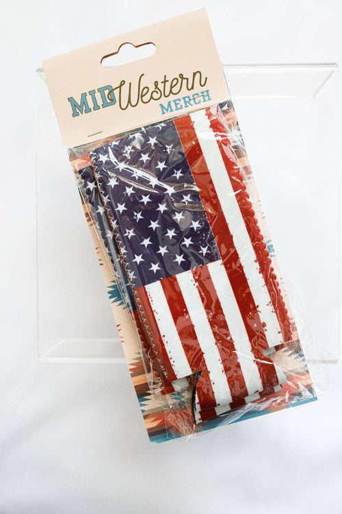 Packaged American flag with 'Mid Western Merch' label on a white background