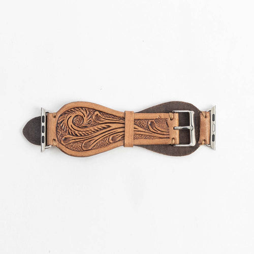 Brown leather belt with intricate design on a white background