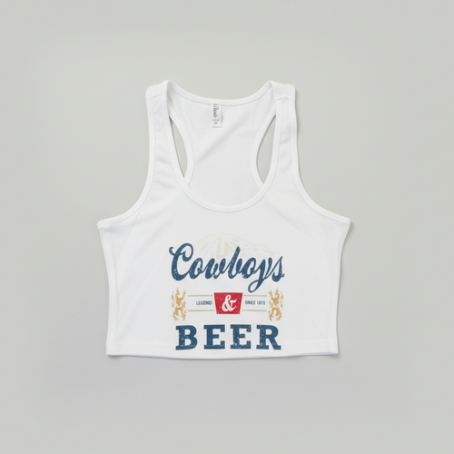 White tank top with 'Cowboys & Beer' text on a white surface