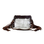 Clear handbag with brown leather straps on a white background