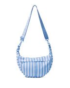 A light blue and white vertically striped crescent-shaped shoulder bag with a matching adjustable strap, shown against a plain white background.