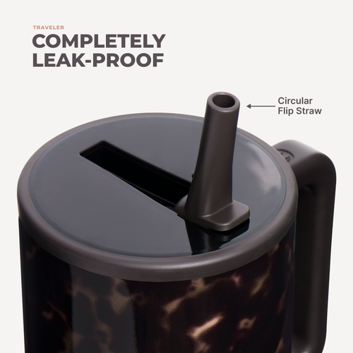 Close-up of a leak-proof travel tumbler with a dark brown and black marbled pattern, featuring a circular flip straw and a text callout pointing to it on a light gray background.