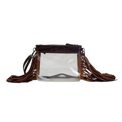 Clear pouch with brown leather straps on a white background