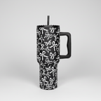 Black tumbler with white bow pattern and handle, featuring the brand 'KATYDID'.
