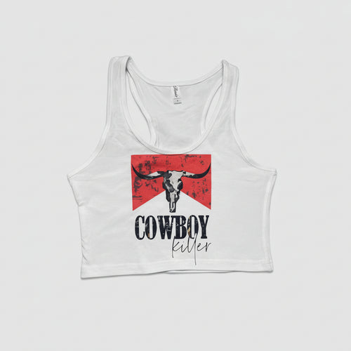 White tank top with a graphic design of a bull skull and text on a white background