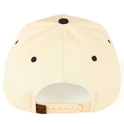 Beige cap with black accents on a white background