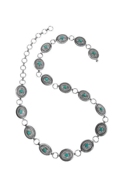 Necklace with circular metal and turquoise stone beads on a white background