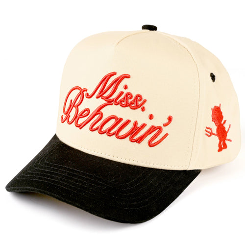 Beige and black cap with red text and logo on a white background