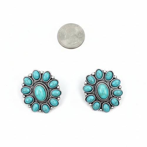 Pair of turquoise stone earrings on a gray surface with a coin for scale.