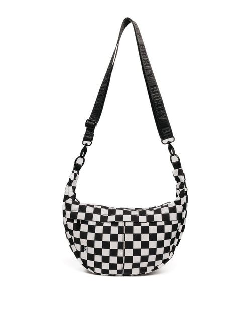 Black and white checkered bag with a strap on a white background