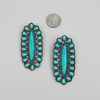 Turquoise earrings with silver accents on a white surface.