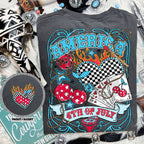 Gray t-shirt with colorful 'America 4th of July' design on a textured surface.