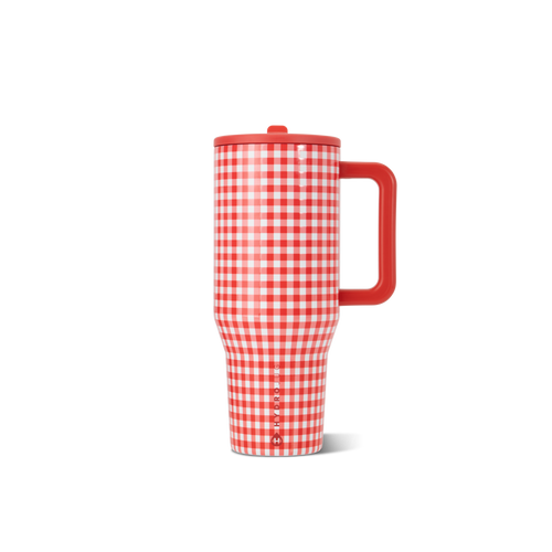 Red and white checkered travel mug with a red handle on a white background