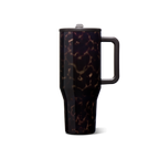 A tall travel tumbler with a dark tortoiseshell pattern featuring black, deep purple, and brown marbling, complete with a black handle and lid, shown on a plain white background.