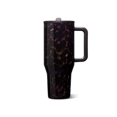A tall travel tumbler with a dark tortoiseshell pattern featuring black, deep purple, and brown marbling, complete with a black handle and lid, shown on a plain white background.