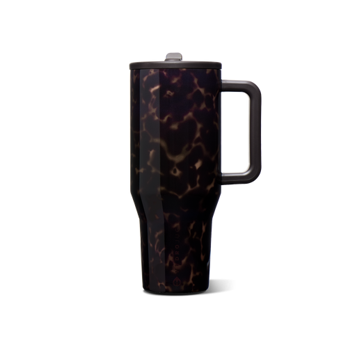 A tall travel tumbler with a dark tortoiseshell pattern featuring black, deep purple, and brown marbling, complete with a black handle and lid, shown on a plain white background.