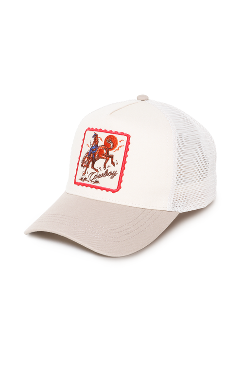White and beige cap with a red and yellow logo on a white background