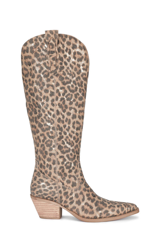 Leopard print knee-high boot on a white background
