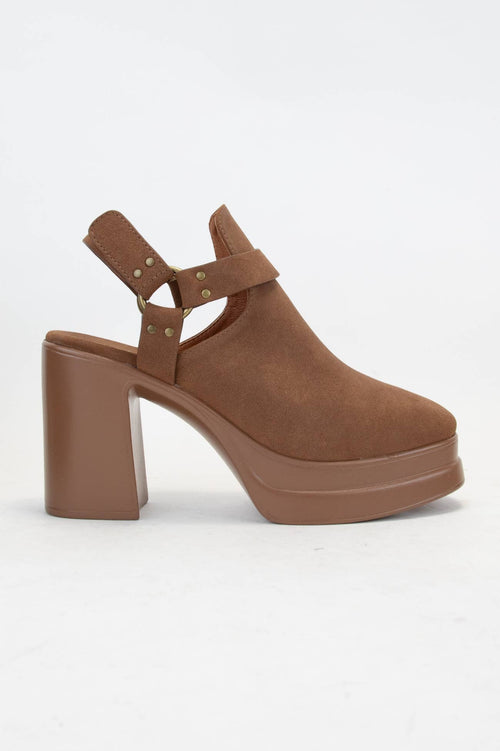 Brown platform sandal with block heel on a white background