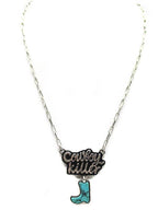 Necklace with 'Cowboy Killer' boot pendant on a white background