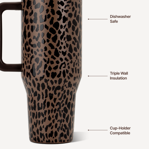 Leopard print tumbler with text labels on a white background