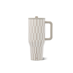 A travel tumbler with a lid and handle, featuring a vertical checkerboard pattern in beige and off-white. The brand name 'KLEERUP' is printed vertically near the base.