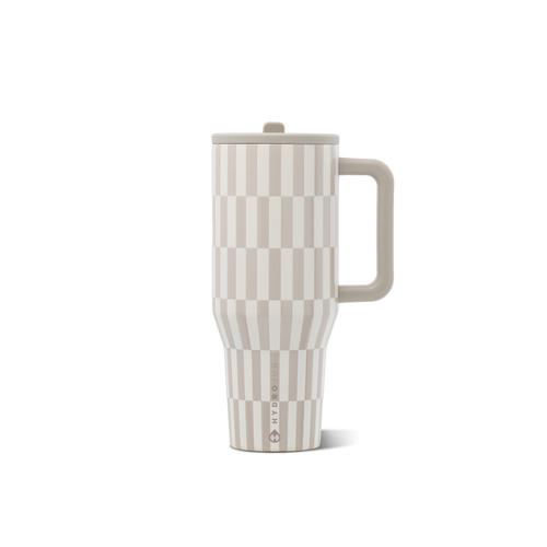 A travel tumbler with a lid and handle, featuring a vertical checkerboard pattern in beige and off-white. The brand name 'KLEERUP' is printed vertically near the base.